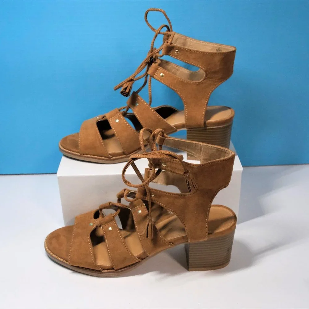 Old Navy- Light Brown faux Leather Suede Gladiator Tie Up Sandals Sz. 8 - Picture 1 of 4